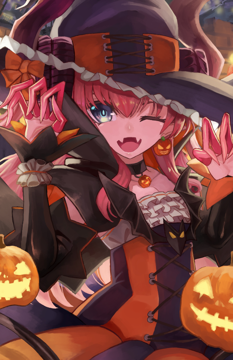 1girl asymmetrical_horns blue_eyes curled_horns dragon_girl dragon_horns dress elizabeth_bathory_(fate) elizabeth_bathory_(fate)_(all) elizabeth_bathory_(halloween_caster)_(fate) fate/grand_order fate_(series) flat_chest halloween halloween_costume hat highres horns jack-o'-lantern long_hair m0_chi one_eye_closed pink_hair solo striped striped_dress upper_body vertical-striped_dress vertical_stripes witch_hat