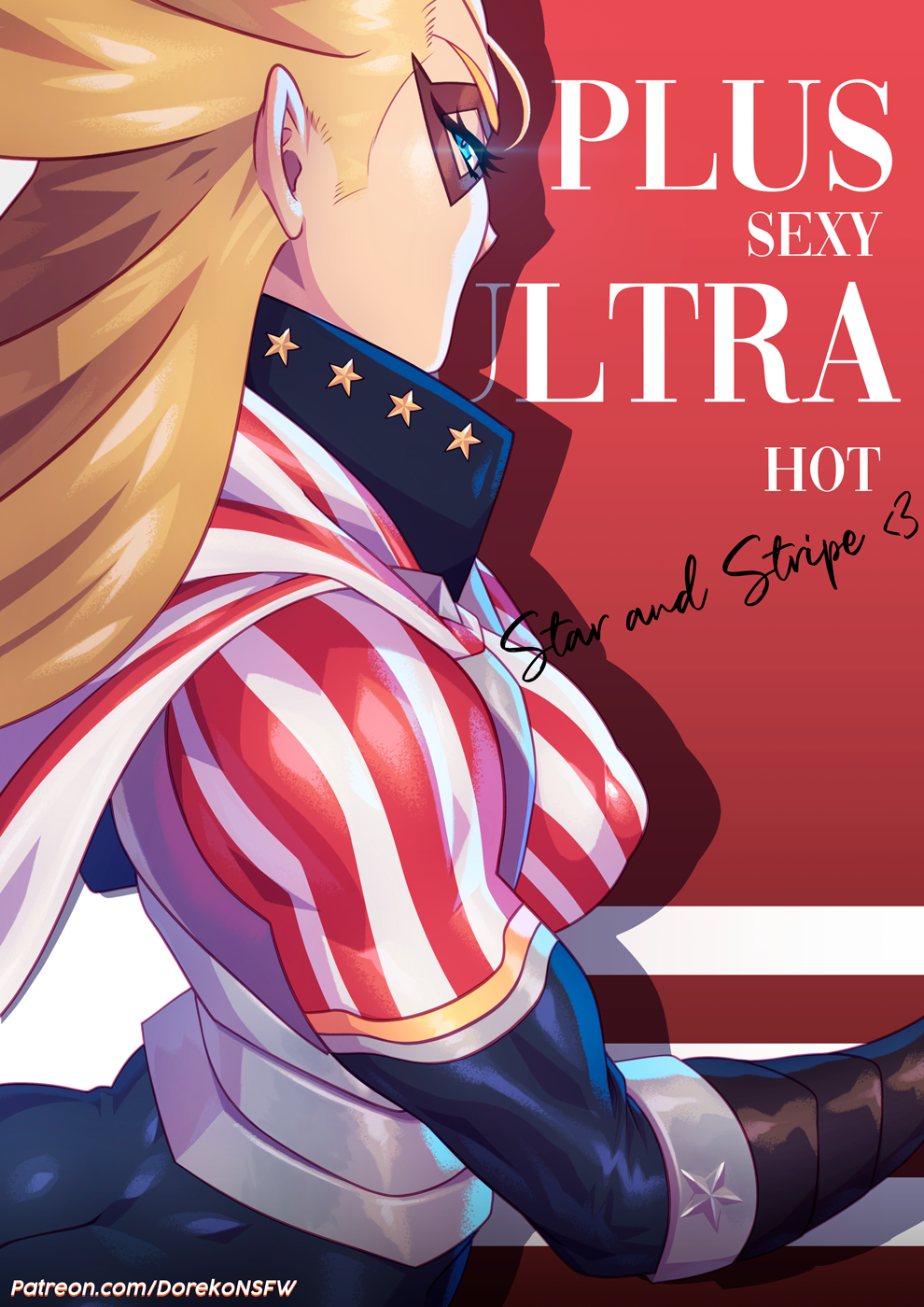 1girl american_flag american_flag_print artist_name ass blonde_hair blue_eyes bodysuit boku_no_hero_academia cape character_name dekuudesu domino_mask flag_print from_side heart highres long_hair looking_back mask muscular muscular_female patreon_username red_background skin_tight solo star_(symbol) star_and_stripe star_print striped striped_bodysuit superhero two-tone_background vambraces web_address white_background