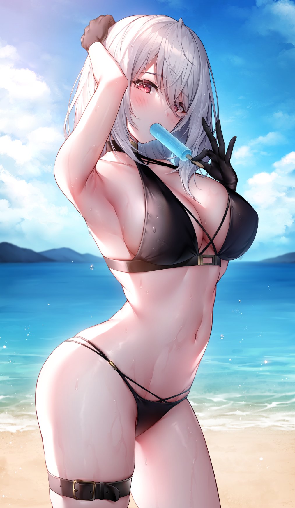1girl arched_back arm_up beach bikini black_bikini black_gloves breasts food gloves halter_top halterneck highres navel open_mouth original oyuwari popsicle popsicle_in_mouth pose red_eyes short_hair sucking swimsuit thick_thighs thigh_strap thighs white_hair