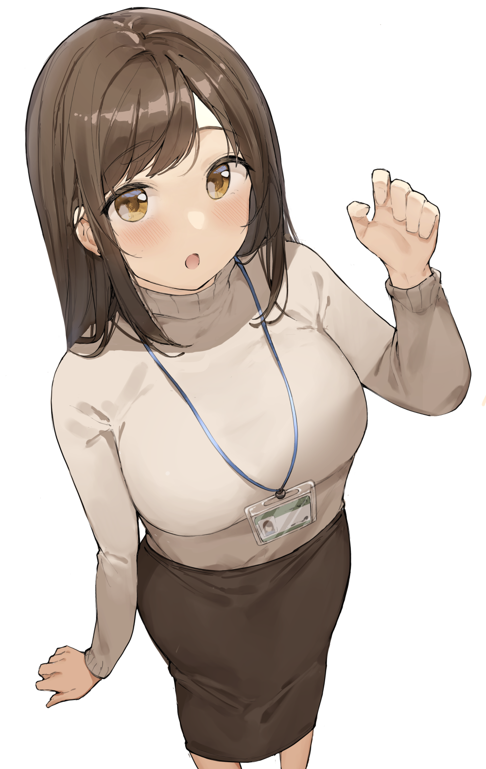 1girl breasts brown_eyes brown_hair eyebrows_visible_through_hair from_above highres lanyard large_breasts office_lady ol_mahonanoka open_mouth original pen pencil_skirt skirt solo standing sweater white_background