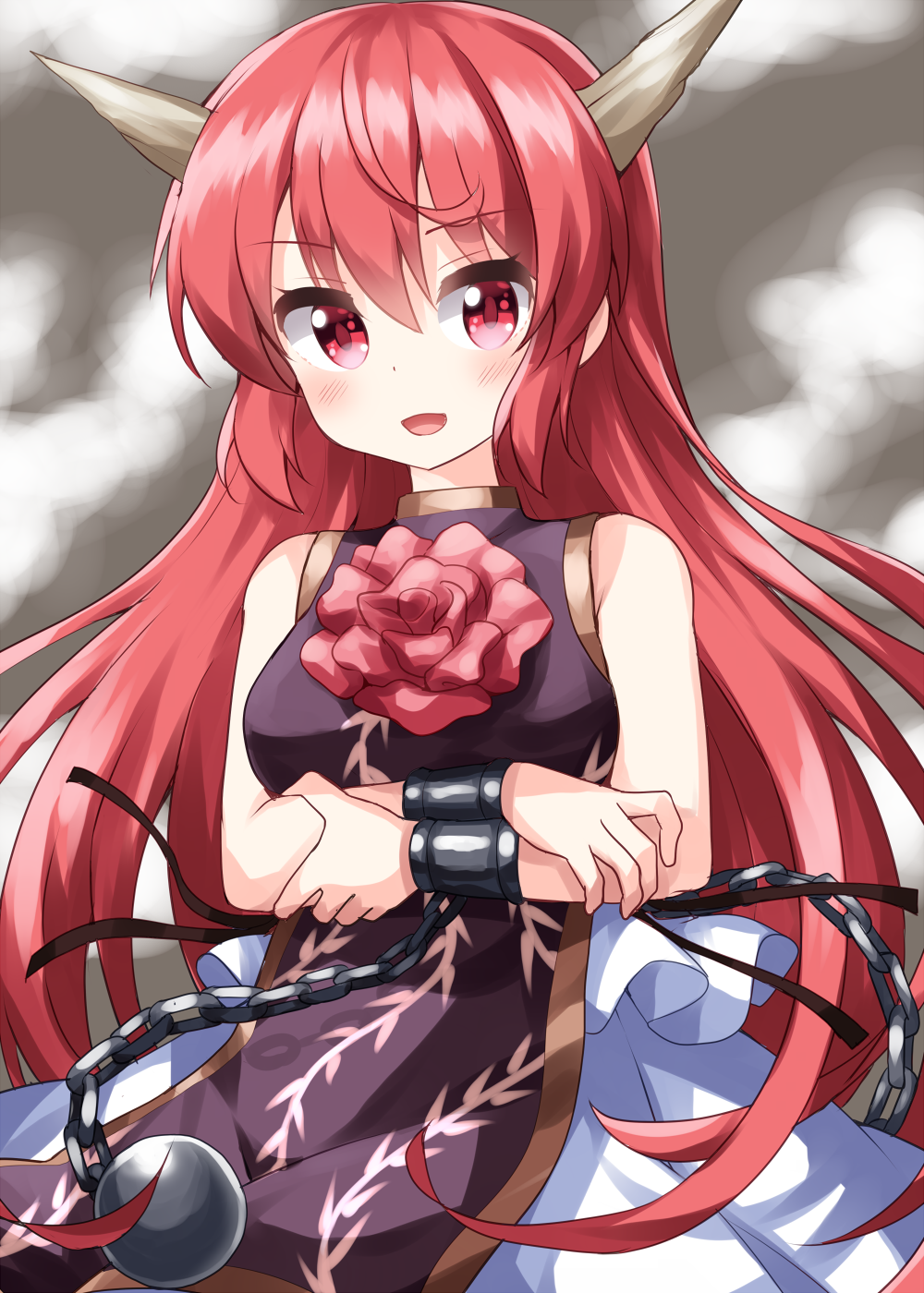 1girl :d ball_and_chain_restraint bangs blush breasts chain commentary_request cowboy_shot crossed_arms cuffs dress eyebrows_visible_through_hair flower gold_trim hair_between_eyes highres horns ibaraki_douji_(touhou) large_breasts long_hair looking_at_viewer medium_breasts one-hour_drawing_challenge oni_horns open_mouth pink_eyes pink_flower pink_hair pink_rose rose ruu_(tksymkw) shackles sidelocks skirt sleeveless sleeveless_dress smile solo tabard touhou upper_body vine_print white_skirt