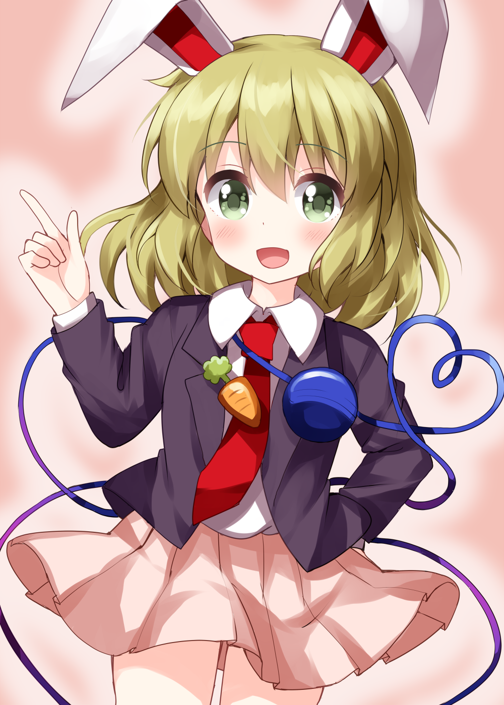 1girl animal_ears bangs black_jacket black_sleeves blonde_hair blush breasts carrot collar collared_shirt commentary cosplay eyebrows_visible_through_hair green_eyes hair_between_eyes hand_on_hip hand_up highres jacket komeiji_koishi long_sleeves looking_at_viewer medium_breasts necktie one-hour_drawing_challenge open_clothes open_jacket open_mouth pink_background pink_skirt pointing rabbit_ears red_neckwear reisen_udongein_inaba reisen_udongein_inaba_(cosplay) ruu_(tksymkw) shirt short_hair simple_background skirt smile solo standing third_eye touhou white_shirt white_sleeves