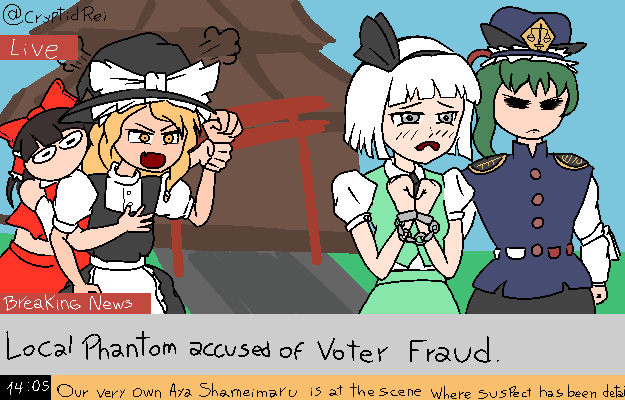 blonde_hair brown_hair comedy cuffs green_hair hakurei_reimu handcuffs kirisame_marisa konpaku_youmu reihmg shiki_eiki shouting touhou white_hair