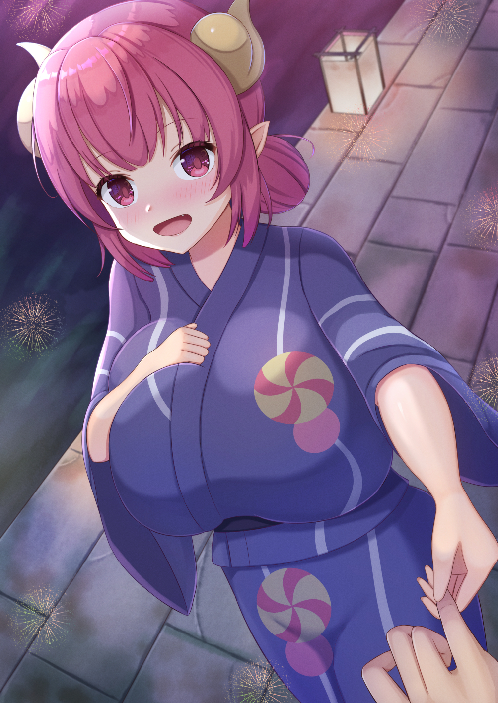 1girl 1other blue_kimono blush breasts brick_road commentary_request dragon_girl dragon_horns happy highres holding_finger horns huge_breasts ilulu_(maidragon) inari_jin japanese_clothes kimono kobayashi-san_chi_no_maidragon looking_at_viewer open_mouth outdoors pink_eyes pink_hair pointy_ears print_kimono shortstack smile solo_focus