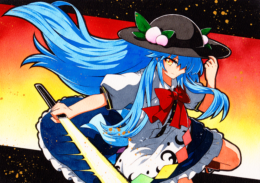 1girl apron blouse blue_bow blue_hair blue_skirt bow bowtie buttons dress_shirt food frills fruit hat hinanawi_tenshi long_hair neck_ribbon peach puffy_short_sleeves puffy_sleeves qqqrinkappp rainbow_order red_bow red_eyes ribbon shirt short_sleeves skirt solo sword_of_hisou touhou traditional_media white_blouse white_shirt wing_collar