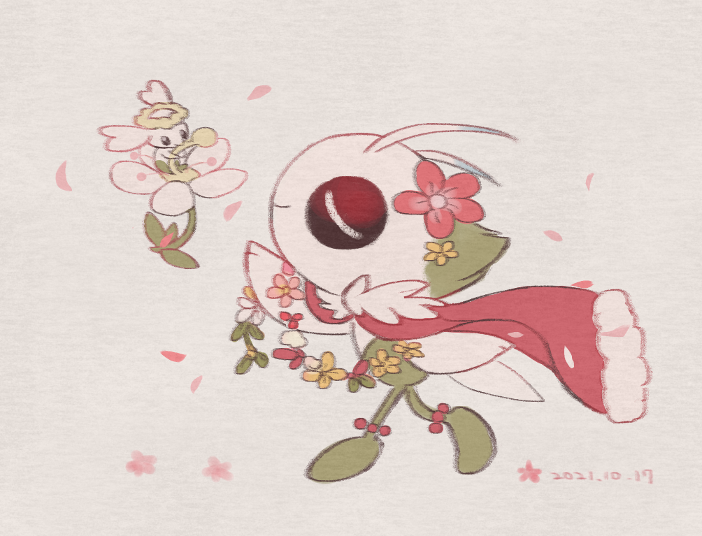 bead_anklet cape celebi closed_eyes closed_mouth commentary_request dated flabebe flabebe_(white) flower from_side leels no_humans petals pokemon pokemon_(creature) red_cape red_flower smile white_flower