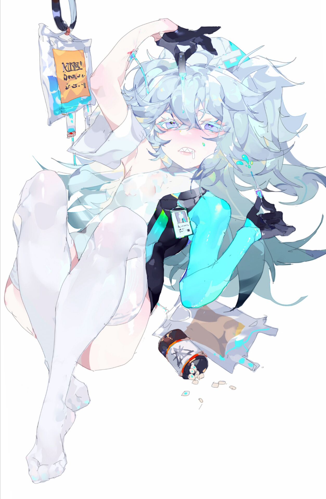 1girl blue_eyes blue_hair commentary_request dripping drugs full_body girls'_frontline_neural_cloud girls_frontline gloves hair_between_eyes hat highres id_card intravenous_drip long_hair lying messy_hair no_shoes nurse_cap on_back pa-15_(girls'_frontline) pill pill_bottle rai_(97417) sharp_teeth simple_background solo teeth thigh-highs white_background