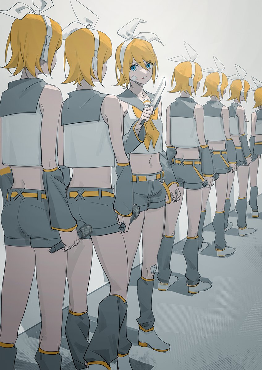 6+girls arm_warmers bandage_on_face bandages belt blonde_hair blood blood_on_face blue_eyes bow clone collar collared_shirt commentary crop_top english_commentary from_behind grey_collar grey_legwear grey_shorts hair_bow highres holding holding_knife holding_microphone indoors kagamine_rin knife leg_warmers looking_to_the_side microphone midriff multiple_girls navel parted_lips shadow shirt short_hair short_shorts shorts sleeveless sleeveless_shirt standing vocaloid white_bow white_footwear white_shirt wounds404