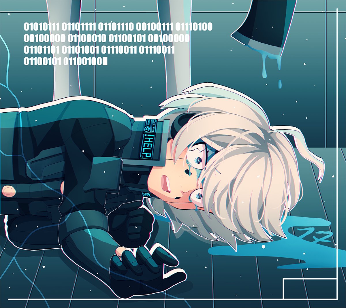 1other ahoge android axe bangs binary blood blood_on_face blue_blood blue_eyes cheer_(cheerkitty14) danganronpa_(series) danganronpa_v3:_killing_harmony from_side grey_hair holding holding_weapon keebo open_mouth outline pantyhose power_armor short_hair solo teeth upper_body upper_teeth weapon white_legwear white_outline
