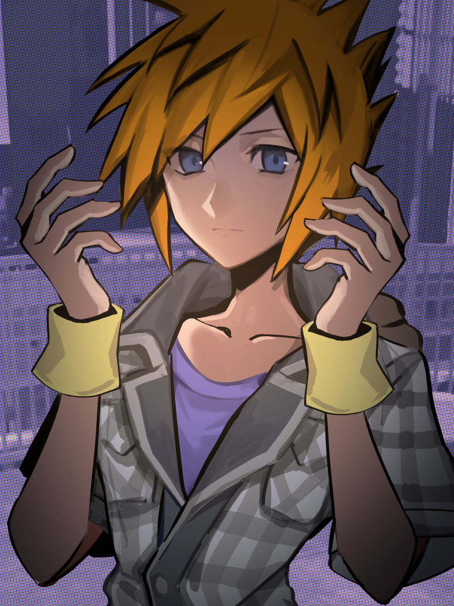 1boy blue_eyes blurry blurry_background hands_up highres keiseki1 looking_at_viewer male_focus orange_hair outdoors photo_background sakuraba_neku shin_subarashiki_kono_sekai solo wristband yellow_wristband