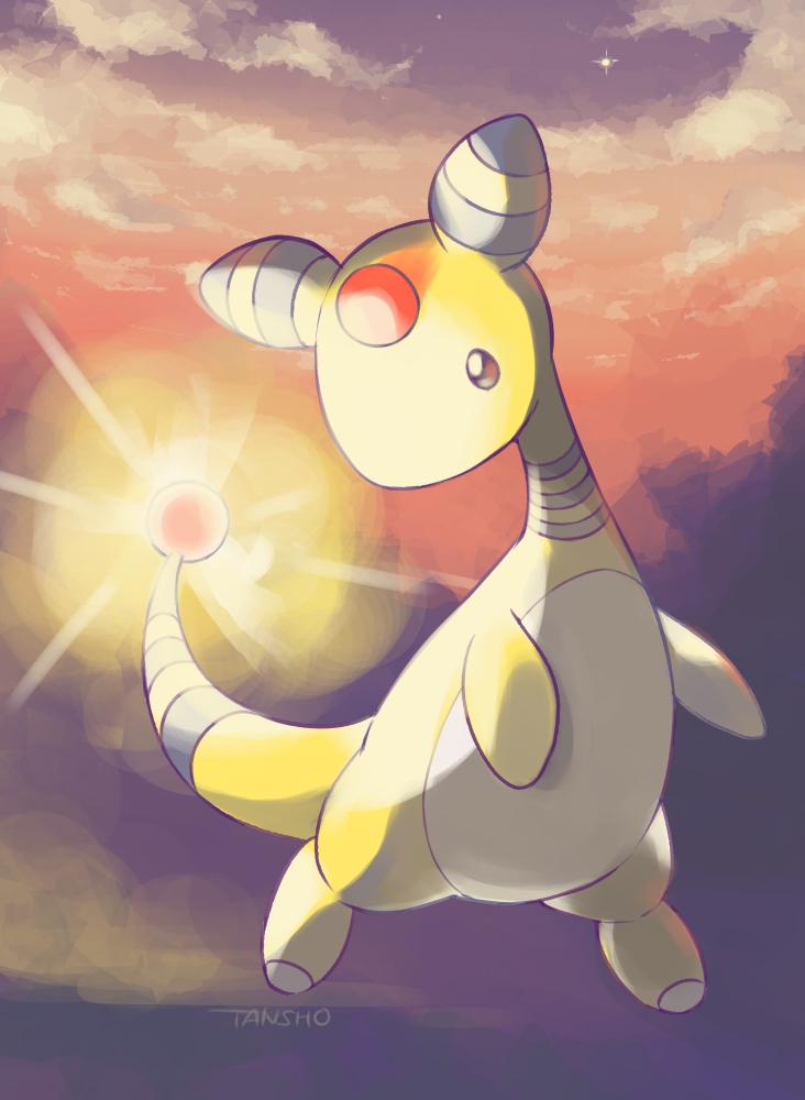 ampharos brown_eyes clouds commentary_request full_body glowing looking_back no_humans outdoors pokemon pokemon_(creature) signature sky solo star_(sky) tansho twilight