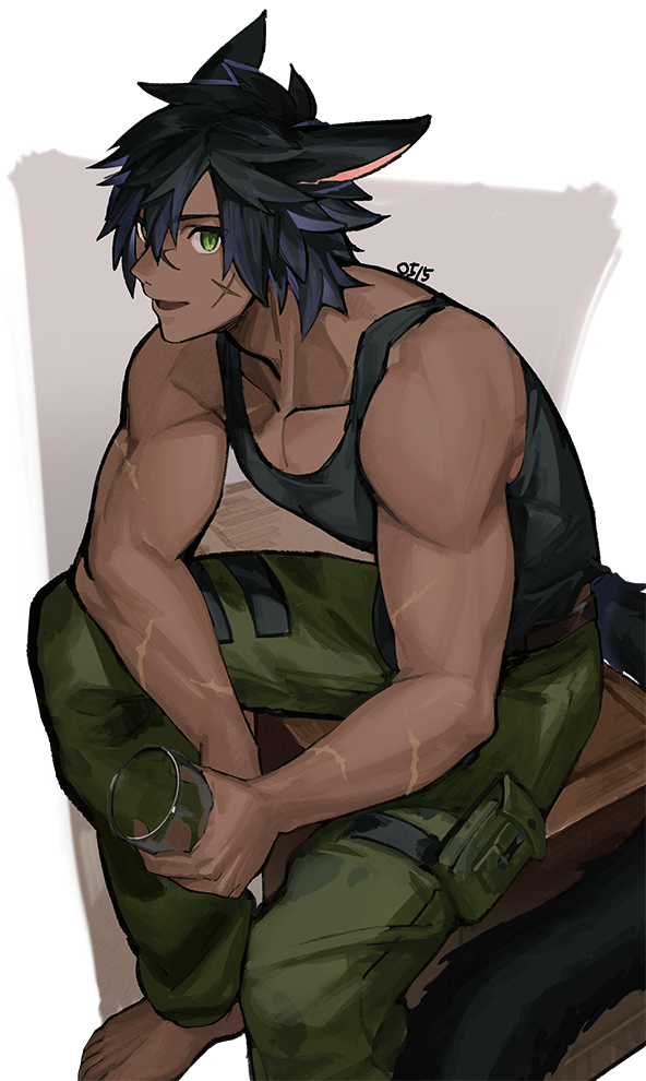 1boy animal_ears bad_id bad_pixiv_id bare_arms bare_shoulders barefoot black_hair black_tank_top cargo_pants cat_boy cat_ears cat_tail collarbone commentary_request cross_scar cup dark-skinned_male dark_skin dated drinking_glass final_fantasy final_fantasy_xiv green_eyes green_pants hair_between_eyes holding holding_cup looking_at_viewer male_focus miqo'te mn_(zig_r14) pants pectorals scar scar_on_arm scar_on_cheek scar_on_face scar_on_nose short_hair sitting sitting_on_object solo tail tank_top toned toned_male warrior_of_light_(ff14)