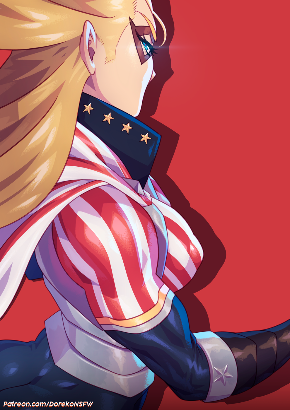 1girl american_flag american_flag_print artist_name ass blonde_hair blue_eyes bodysuit boku_no_hero_academia cape dekuudesu domino_mask flag_print from_side heart highres long_hair looking_back mask muscular muscular_female patreon_username red_background skin_tight solo star_(symbol) star_and_stripe star_print striped striped_bodysuit superhero two-tone_background vambraces web_address white_background