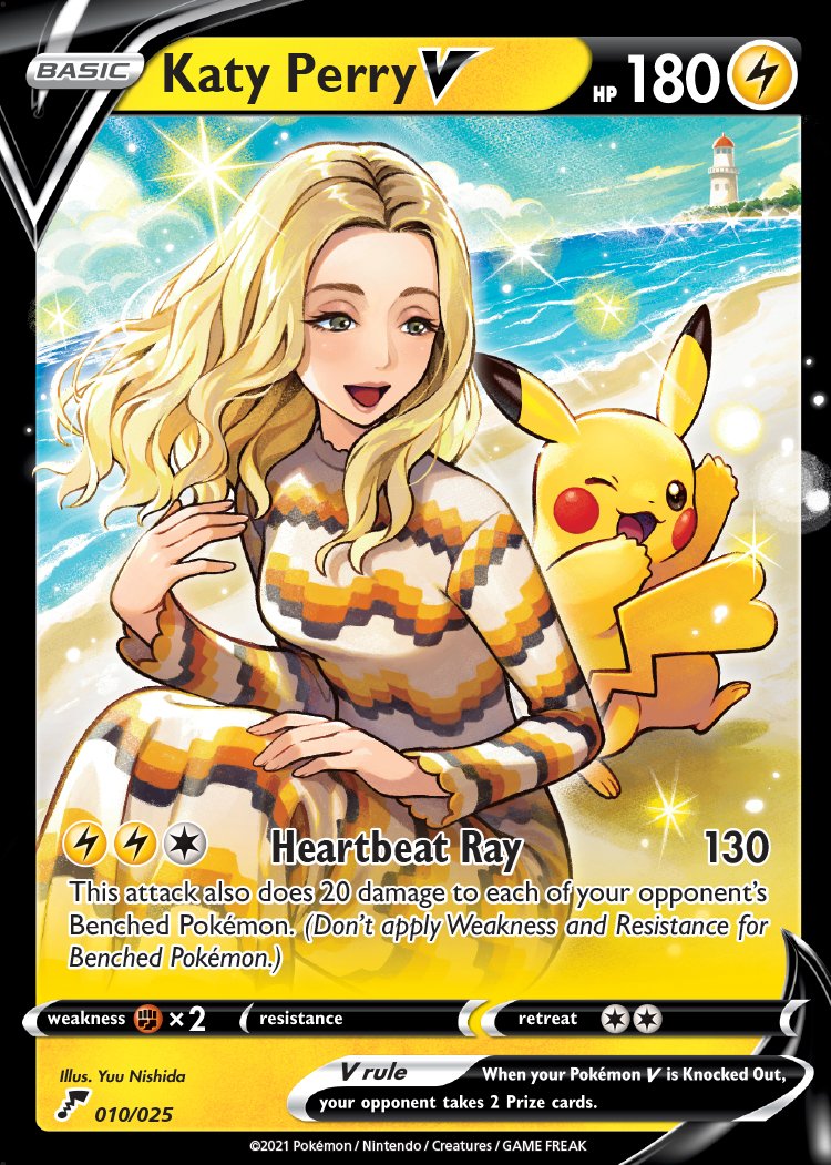 1girl 1other :d ;d arm_up beach blonde_hair bomber_jacket breasts brown_jacket clothing_request denim earrings grey_eyes hand_up jacket jeans jewelry katy_perry lighthouse mature_female nishida_yuu one_eye_closed open_mouth outdoors pants pikachu pink_lips pokemon pokemon_(creature) pokemon_card pokemon_tcg sitting smile sparkle sun thick_eyebrows trading_card