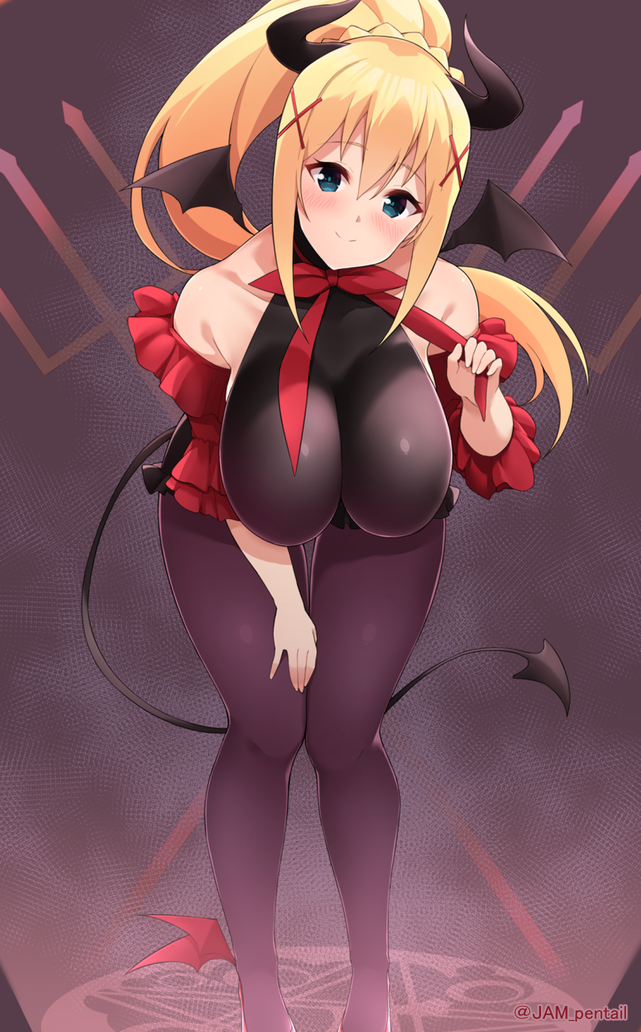 1girl bare_shoulders blonde_hair breasts closed_mouth darkness_(konosuba) demon_costume demon_tail feet_out_of_frame hair_ornament halloween halloween_costume hanging_breasts highres jampen kono_subarashii_sekai_ni_shukufuku_wo! large_breasts leaning_forward long_hair looking_at_viewer magic_circle mini_wings pantyhose ponytail red_neckwear smile solo tail twitter_username wings x_hair_ornament