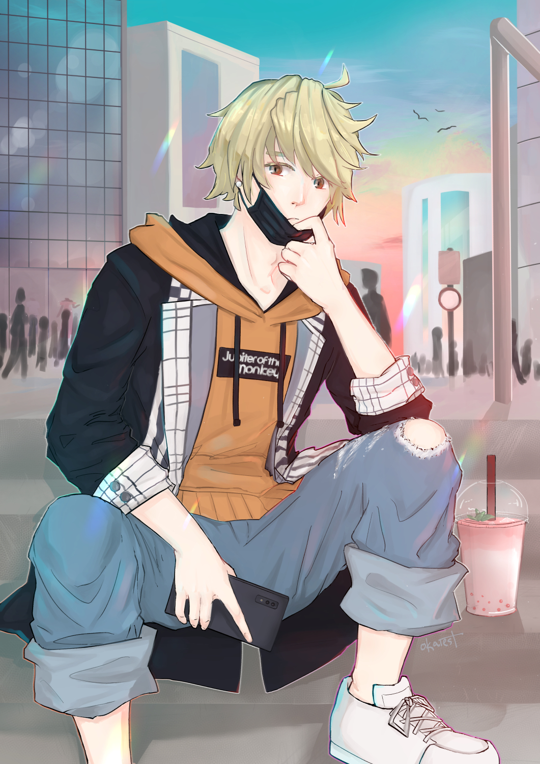 1boy black_jacket blonde_hair brown_eyes bubble_tea crowd cup day denim disposable_cup frown highres hood hood_down hoodie jacket jeans looking_at_viewer male_focus mask mask_pull okaiest orange_hoodie outdoors pants rindo_(ntwewy) road_sign shin_subarashiki_kono_sekai shoes sign silhouette sitting sneakers solo_focus subarashiki_kono_sekai torn_clothes torn_pants white_footwear