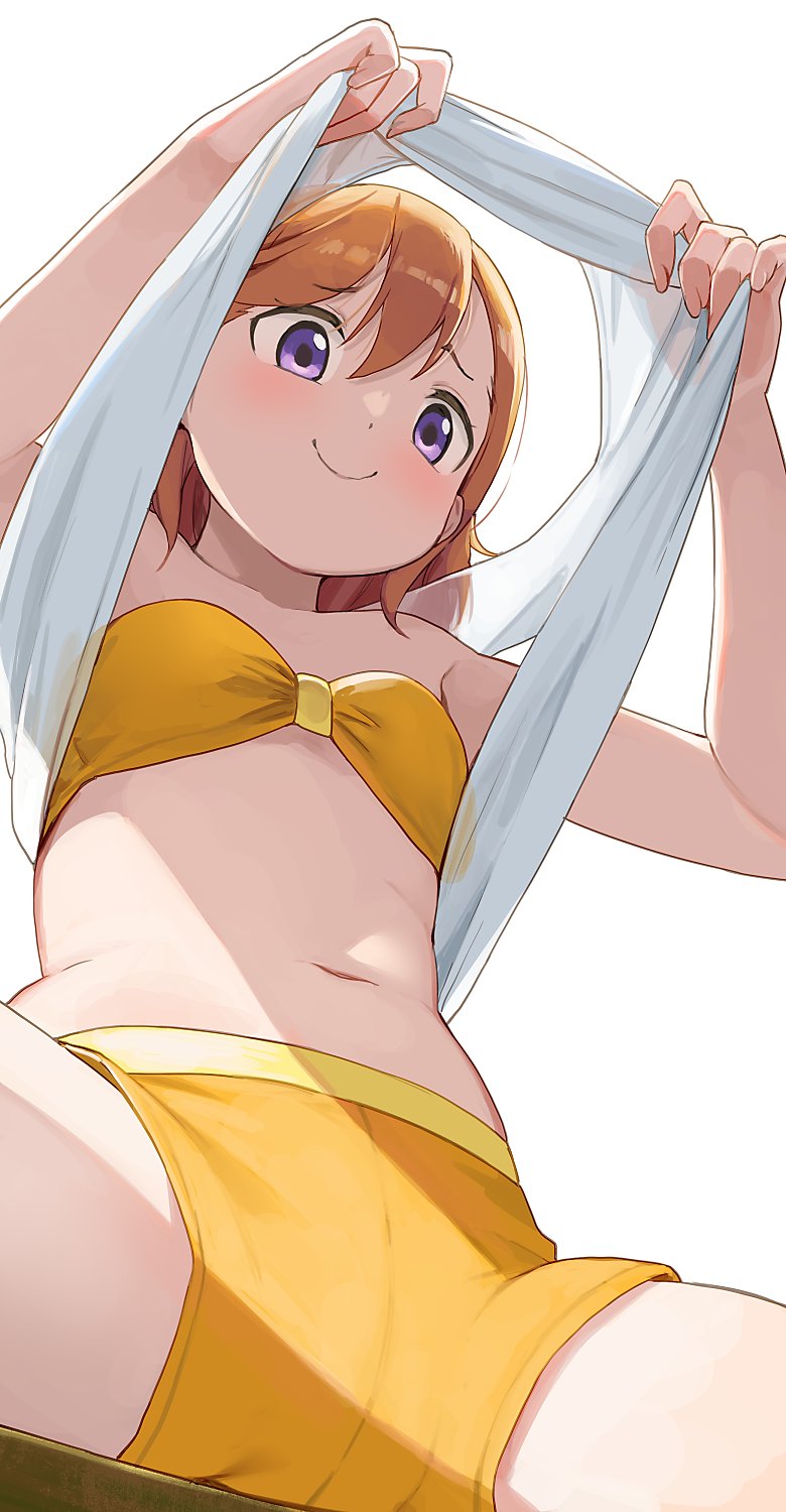 1girl bikini breasts closed_mouth clothes_lift from_below highres hiroki_(yyqw7151) lifted_by_self looking_at_viewer looking_down love_live! love_live!_superstar!! medium_hair navel orange_bikini orange_hair shibuya_kanon shirt shirt_lift sitting small_breasts smile solo swimsuit upshirt violet_eyes white_shirt