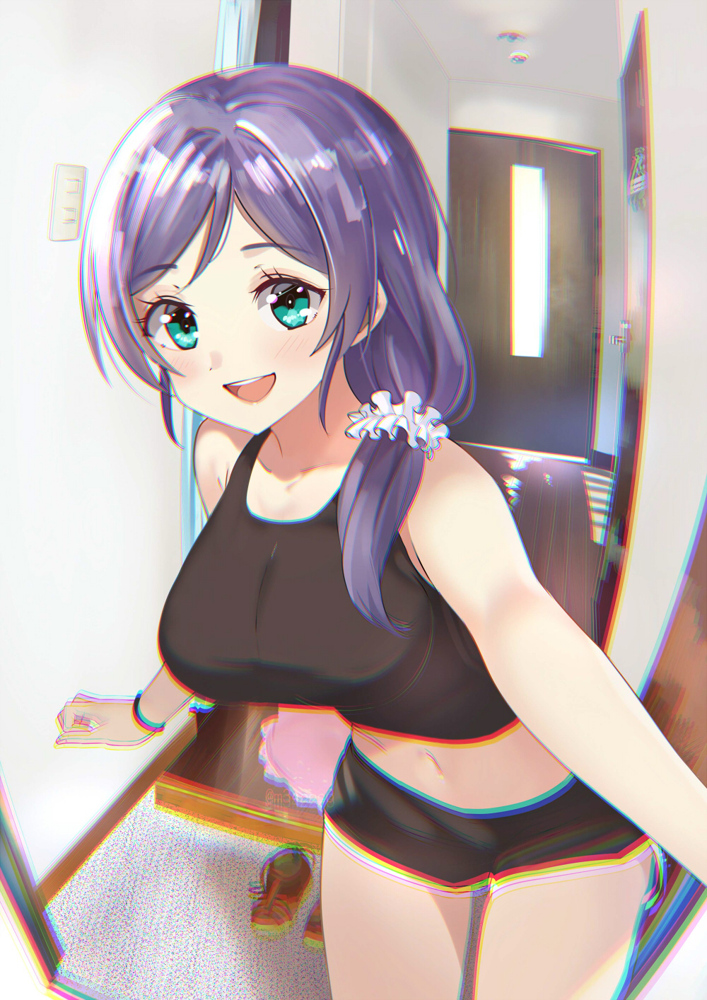 1girl :d aqua_eyes bangs bare_arms bare_shoulders black_shorts black_tank_top blush breasts bunbun_(midukikome) cowboy_shot crop_top dolphin_shorts eyebrows_visible_through_hair hair_over_shoulder highres indoors large_breasts long_hair looking_at_viewer love_live! love_live!_school_idol_project navel open_mouth opening_door parted_bangs purple_hair scrunchie short_shorts shorts smile solo swept_bangs tank_top toujou_nozomi