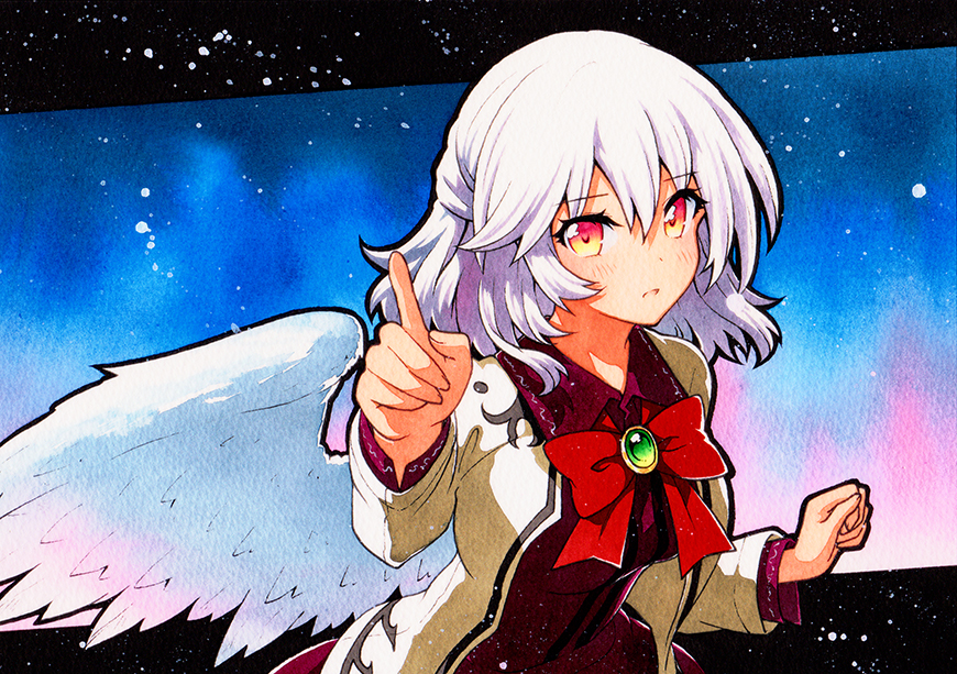 1girl angel_wings arm_up bangs beige_jacket blush bow bowtie braid breasts clenched_hand collared_jacket dress emerald_(gemstone) feathered_wings french_braid green_brooch index_finger_raised kishin_sagume looking_at_viewer medium_breasts pointing pointing_at_viewer purple_dress qqqrinkappp red_eyes red_neckwear ribbon short_hair single_wing solo touhou traditional_media upper_body white_hair white_wings wing_collar wings
