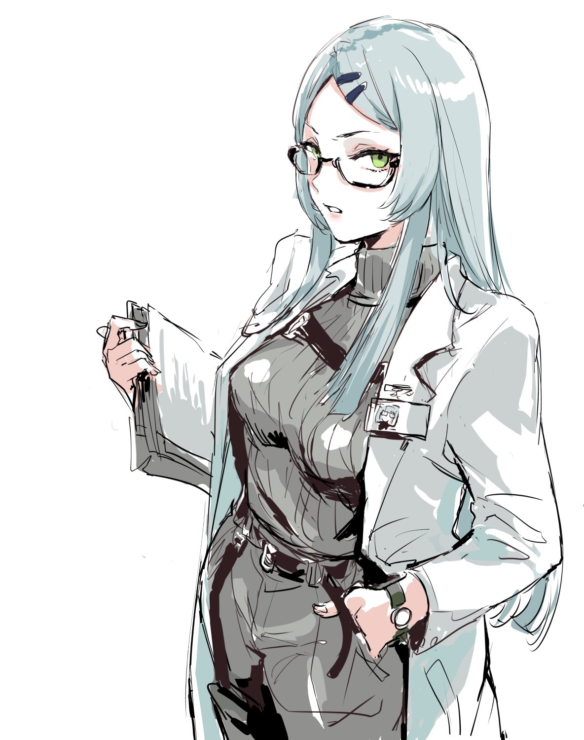 1girl belt character_request clipboard coat commentary cowboy_shot girls_frontline glasses green_eyes grey_hair hair_ornament hairclip highres holding holding_clipboard id_card labcoat long_hair looking_at_viewer osakana_(denpa_yun'yun) pants ribbed_sweater simple_background solo sweater symbol-only_commentary watch watch white_background white_coat