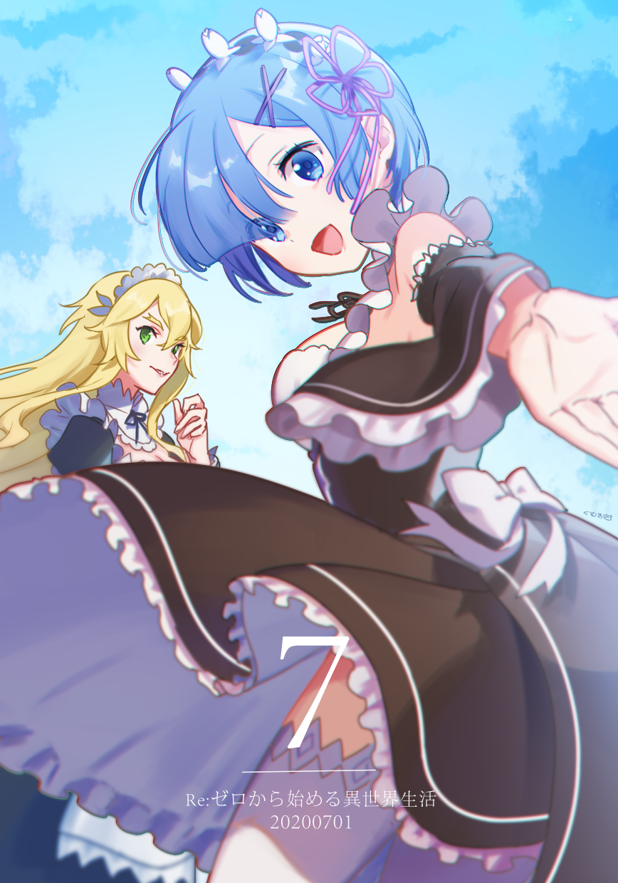 2girls :d bare_shoulders blonde_hair blue_hair detached_sleeves dress eyes_visible_through_hair frederica_baumann frilled_dress frilled_sleeves frills hair_ornament hairclip highres kumuo_(mirakurufusao) long_hair maid maid_headdress multiple_girls open_mouth re:zero_kara_hajimeru_isekai_seikatsu rem_(re:zero) roswaal_mansion_maid_uniform short_hair smile