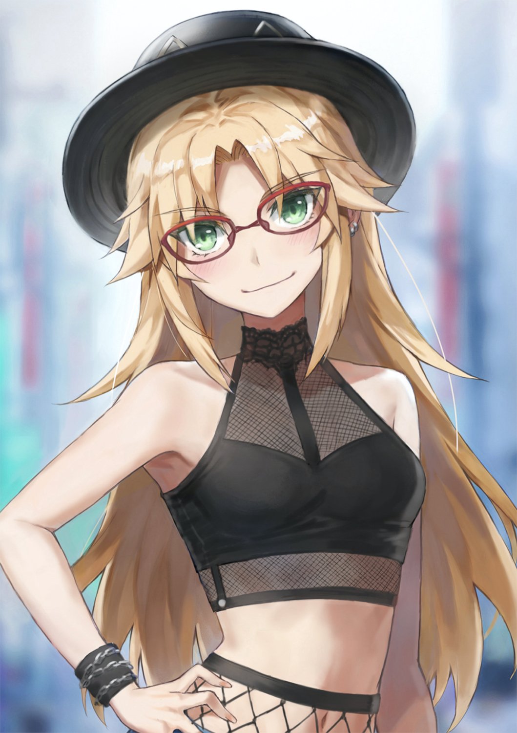 1girl bangs bare_shoulders black_headwear blonde_hair breasts fate/apocrypha fate_(series) fishnet_legwear fishnets glasses green_eyes hat highres long_hair looking_at_viewer mordred_(fate) mordred_(fate/apocrypha) parted_bangs sidelocks small_breasts smile tonee