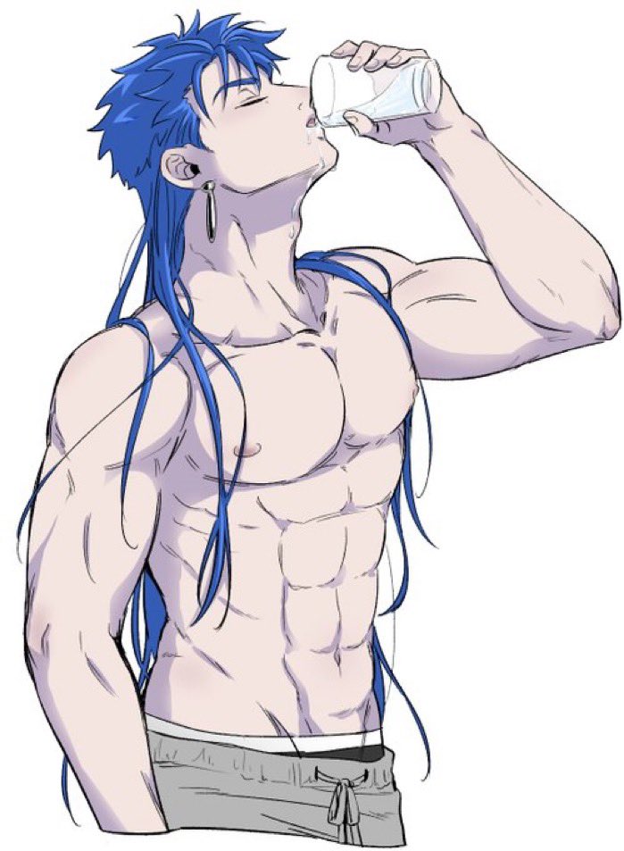 1boy abs adam's_apple alternate_hairstyle biceps blue_hair chxusil closed_eyes collarbone cu_chulainn_(fate) cu_chulainn_(fate/stay_night) cup drawstring drinking drinking_glass earrings fate/stay_night fate_(series) groin hair_down holding holding_cup jewelry korean_commentary long_hair male_focus muscular muscular_male navel nipples pectorals simple_background solo spiky_hair topless_male water white_background