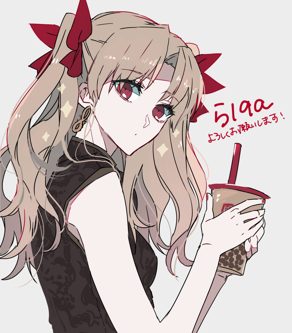 1girl blonde_hair bubble_tea closed_mouth cup disposable_cup dot_nose earrings ebanoniwa ereshkigal_(fate) fate/grand_order fate_(series) from_side holding holding_cup jewelry long_hair looking_at_viewer looking_to_the_side red_eyes simple_background solo twintails upper_body white_background