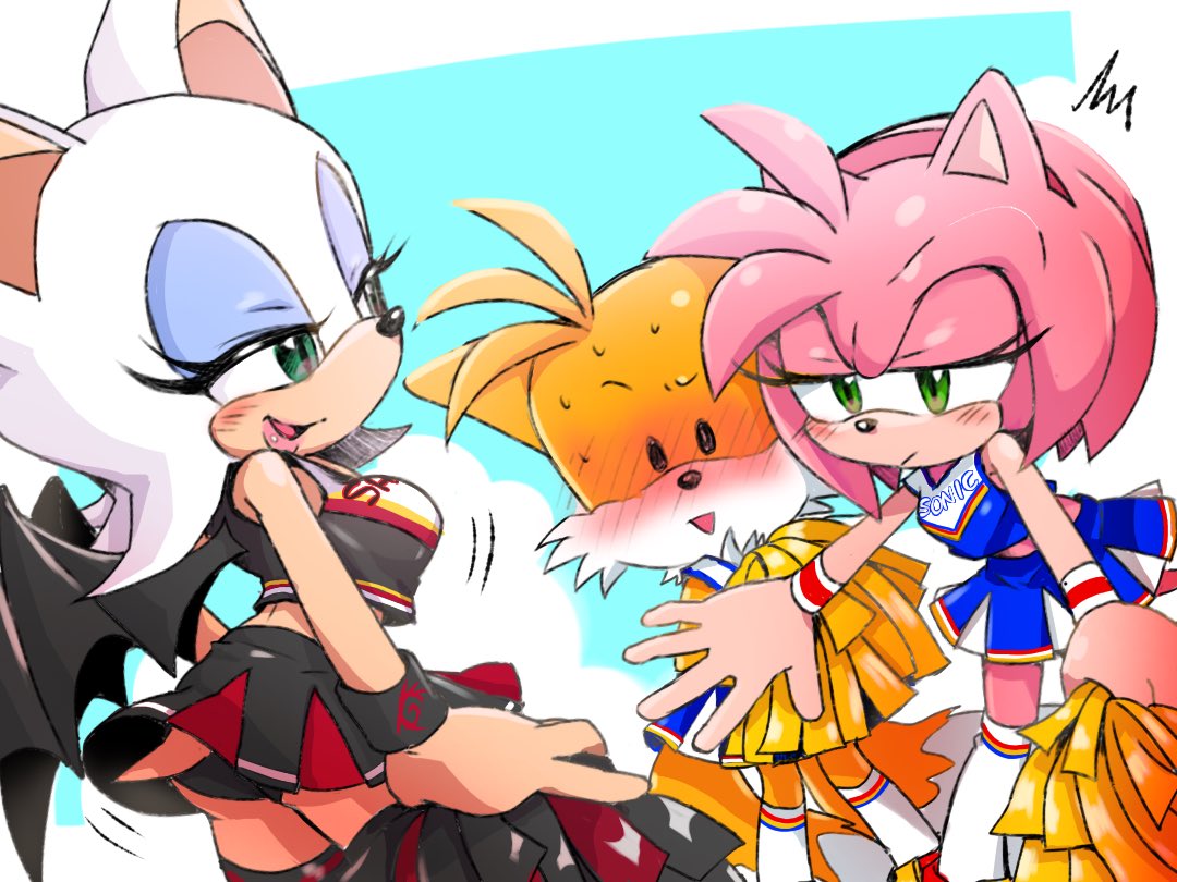 1boy 2girls :/ ^^^ age_difference alternate_costume amy_rose animal_ears animal_nose artist_name ass bare_shoulders bat_ears bat_girl bat_wings black_eyes black_legwear black_panties blue_shirt blush bouncing_breasts breasts character_name cheerleader clothes_writing clouds commentary_request crop_top eyeshadow fox_boy fox_ears fox_tail from_behind furry furry_female furry_male green_eyes half-closed_eyes hedgehog_ears hedgehog_tail kneehighs large_breasts long_hair looking_at_another makeup mascara midriff miniskirt misuta710 multiple_girls multiple_tails open_mouth panties pink_hair pink_lips pleated_skirt pom_pom_(cheerleading) rouge_the_bat shirt short_hair signature simple_background skirt sky sleeveless sleeveless_shirt smile sonic_(series) sonic_adventure_2 sonic_the_hedgehog_2 standing sweat tail tails_(sonic) thigh-highs tongue underwear upskirt white_hair white_legwear wings wristband