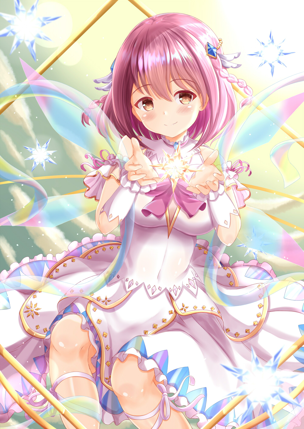 1girl bangs bare_shoulders blue_sky blush braid breasts brown_eyes closed_mouth clouds cloudy_sky commentary_request covered_navel day dress eyebrows_visible_through_hair feet_out_of_frame frilled_dress frills glowing hair_between_eyes hair_ornament hands_up highres hoshizaki_akari looking_at_viewer medium_breasts ongeki outdoors pink_hair sky sleeveless sleeveless_dress smile solo twin_braids white_dress zenon_(for_achieve)