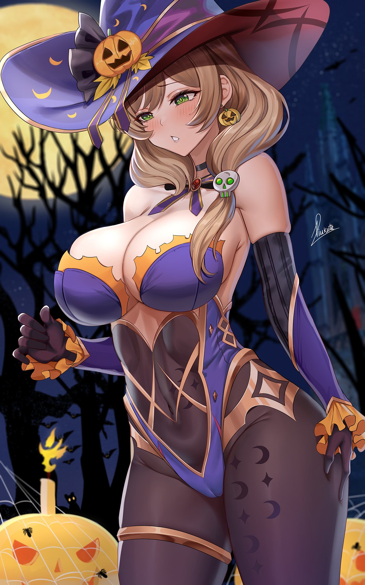 1girl adapted_costume bangs bare_shoulders black_gloves blue_headwear blue_leotard blush bodystocking breasts brown_hair brown_legwear choker cosplay covered_navel detached_sleeves elbow_gloves full_moon genshin_impact gloves gold_trim green_eyes halloween hat hat_ornament highleg highleg_leotard highres large_breasts leotard lisa_(genshin_impact) long_hair mona_(genshin_impact) mona_(genshin_impact)_(cosplay) moon night night_sky pantyhose piukute062 sky thighlet thighs witch_hat