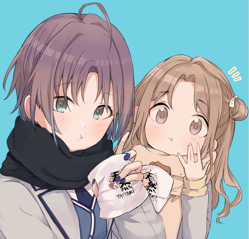 2girls :t ahoge asakura_tooru blue_background blush brown_hair debris eating eyebrows_visible_through_hair food hair_bun hanetsuka holding holding_food ichikawa_hinana idolmaster idolmaster_shiny_colors looking_at_viewer multiple_girls nail_polish notice_lines parted_lips purple_hair scarf school_uniform simple_background taiyaki upper_body wagashi