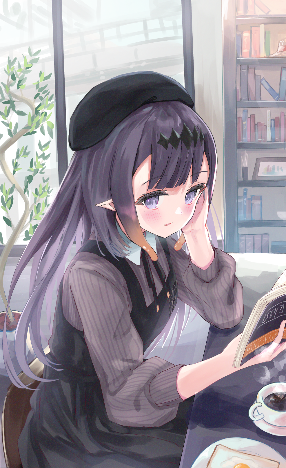 1girl bangs beret black_dress black_headwear blonde_hair blue_eyes blunt_bangs blush book bookshelf brown_shirt coffee coffee_mug commentary cup dress elf eyebrows_visible_through_hair gradient_hair hand_on_own_cheek hand_on_own_face hat head_rest highres holding holding_book hololive hololive_english indoors long_hair long_sleeves looking_at_viewer mole mole_under_eye mug multicolored_hair ninomae_ina'nis official_alternate_costume open_book parted_lips pinafore_dress plate pointy_ears puffy_long_sleeves puffy_sleeves purple_hair saucer shin_murasame shirt sitting solo striped striped_shirt table tiara virtual_youtuber window