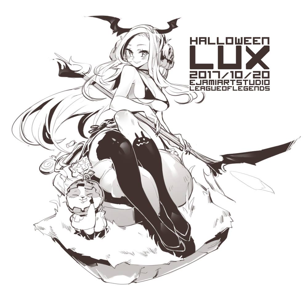 1girl alternate_costume bikini breasts closed_mouth ejami greyscale halloween jack-o'-lantern league_of_legends long_hair looking_at_viewer lux_(league_of_legends) monochrome simple_background smile solo swimsuit thigh-highs weapon white_background
