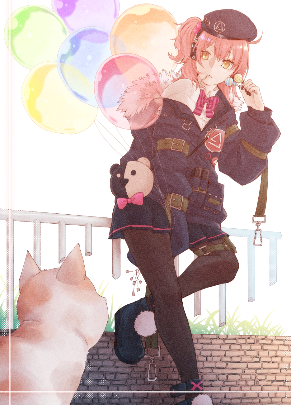 1girl balloon bangs beret black_headwear black_legwear black_nails blue_footwear blue_jacket blue_skirt boots bow bowtie candy cat closed_mouth commission eyebrows_visible_through_hair food fur-trimmed_jacket fur_trim girls_frontline hat highres holding holding_balloon holding_candy holding_food holding_lollipop jacket lollipop long_hair looking_down mp7_(girls'_frontline) nail_polish pantyhose pink_hair purple_bow rabb_horn revision shirt side_ponytail skirt solo standing standing_on_one_leg white_shirt yellow_eyes