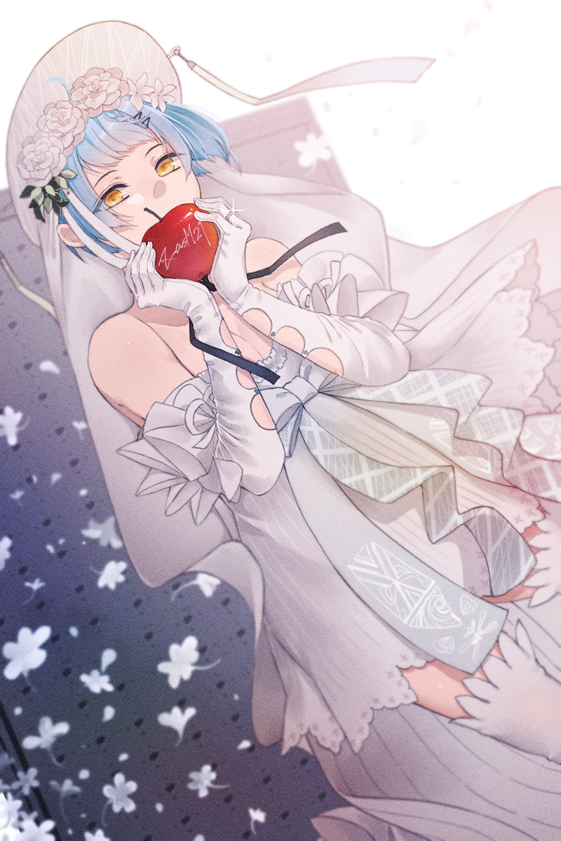 1girl apple bare_shoulders blue_hair character_name covering_mouth dress elbow_gloves eyebrows_visible_through_hair feet_out_of_frame flower food fruit girls_frontline gloves hair_flower hair_ornament head_wreath highres holding holding_food holding_fruit jewelry looking_at_viewer rabb_horn ring short_hair simple_background solo standing thigh-highs wedding_band wedding_dress wedding_ring white_dress white_gloves white_legwear yellow_eyes zas_m21_(girls'_frontline)