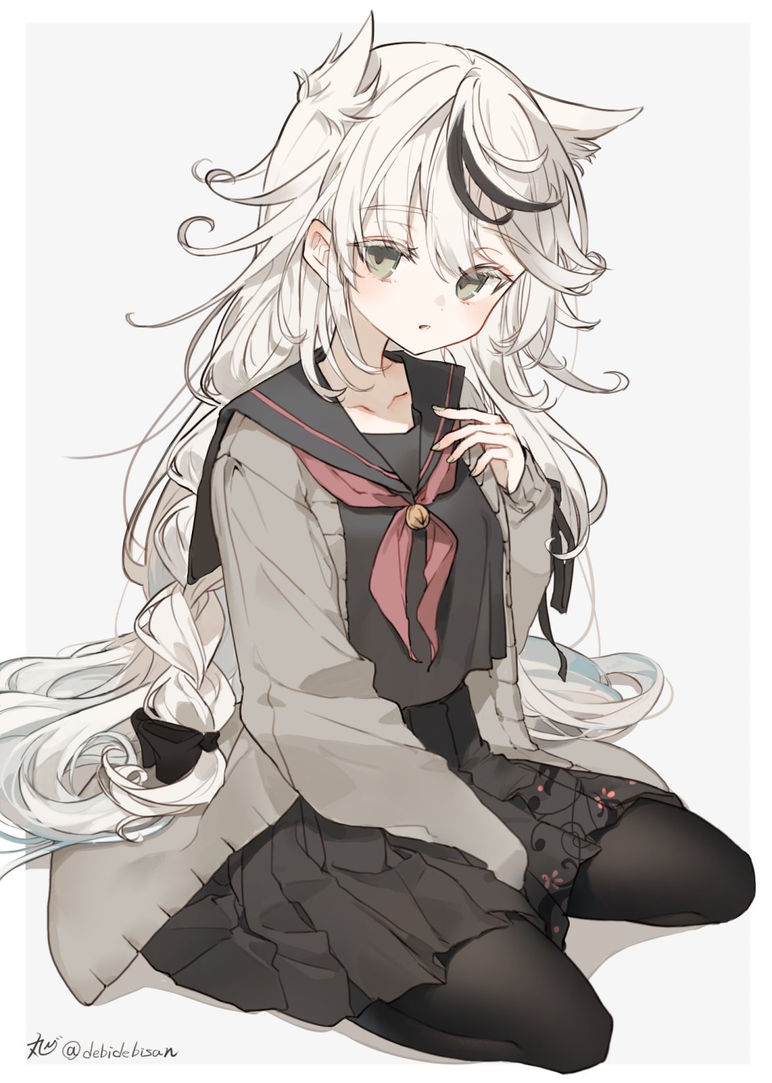 animal_ear_fluff animal_ears artist_name bangs black_hair black_legwear black_serafuku black_shirt black_skirt braid breasts cat_ears chibirisu collarbone curly_hair eyebrows_visible_through_hair green_eyes grey_jacket hair_ornament hair_ribbon highres jacket long_hair long_sleeves looking_at_viewer medium_breasts multicolored_hair neckerchief original parted_lips pleated_skirt red_neckwear ribbon school_uniform seiza serafuku shirt simple_background sitting skirt streaked_hair thigh-highs twitter_username very_long_hair white_hair