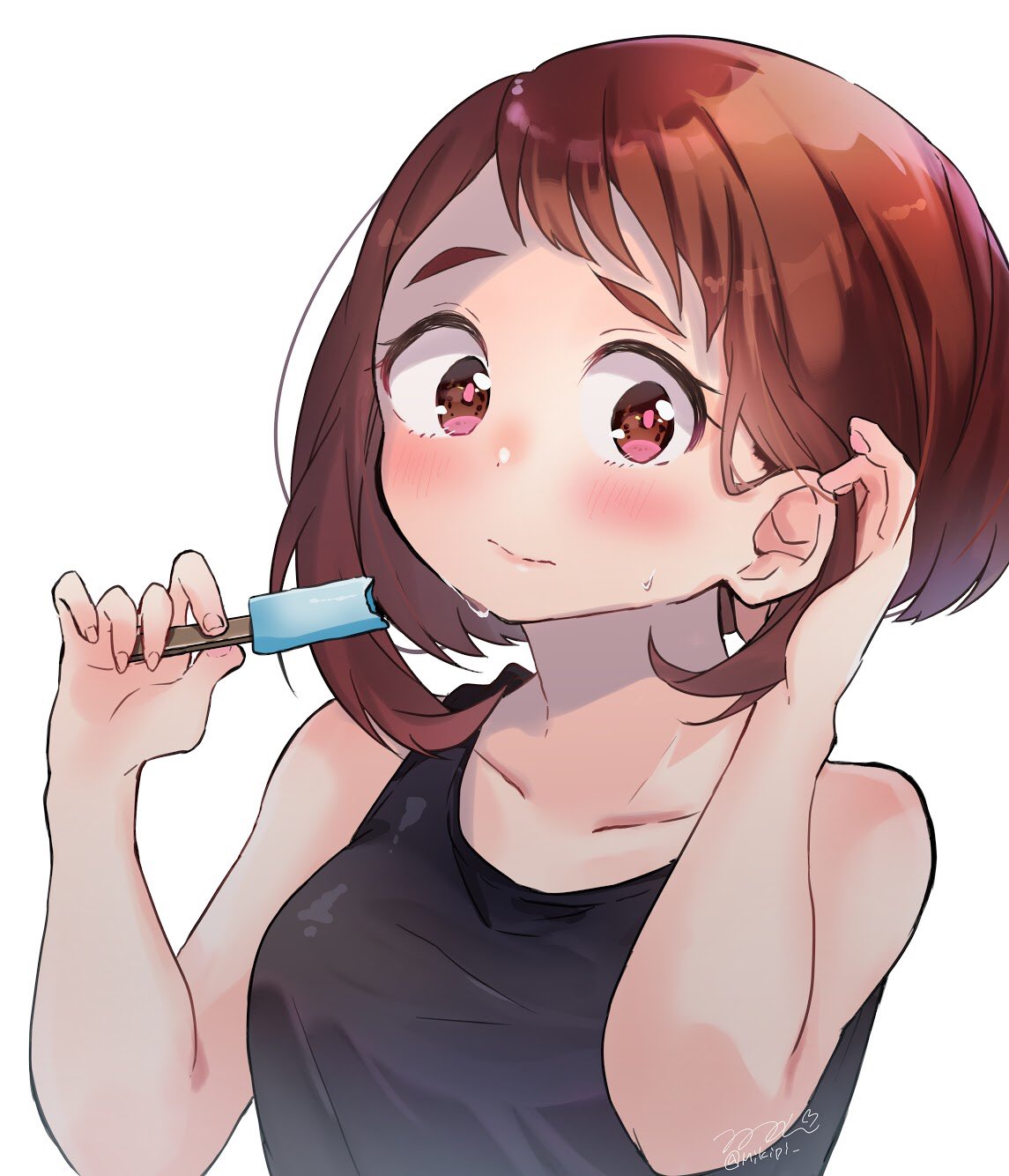 1girl adjusting_hair blush boku_no_hero_academia collarbone food highres looking_at_viewer mikipi pink_eyes popsicle simple_background solo twitter_username upper_body uraraka_ochako white_background