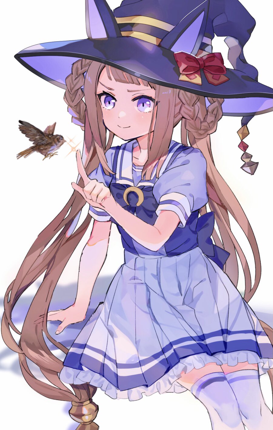 1girl animal_ear_headwear arm_support bird bow brown_hair commentary_request frilled_skirt frills hair_rings hat hat_bow highres index_finger_raised invisible_chair kyuurisoda long_hair pleated_skirt puffy_short_sleeves puffy_sleeves purple_headwear purple_shirt sailor_collar school_uniform shadow shirt short_sleeves simple_background sitting skirt smile solo sparkle split_mouth sweep_tosho_(umamusume) thigh-highs tracen_school_uniform twintails umamusume v-shaped_eyebrows very_long_hair white_background white_legwear witch_hat