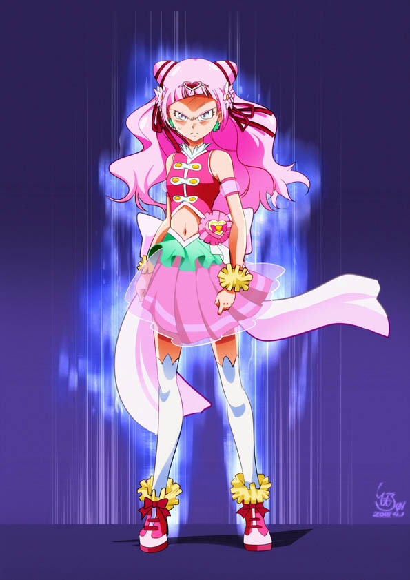 1girl aura clover_earrings cure_yell dated dragon_ball dragon_ball_super full_body grey_eyes hair_cones hair_ornament heart heart_hair_ornament hugtto!_precure long_hair looking_at_viewer magical_girl midriff navel nono_hana parody pink_footwear pink_hair pink_skirt pleated_skirt precure shoes signature skirt solo standing thigh-highs tomo5656ky ultra_instinct white_legwear