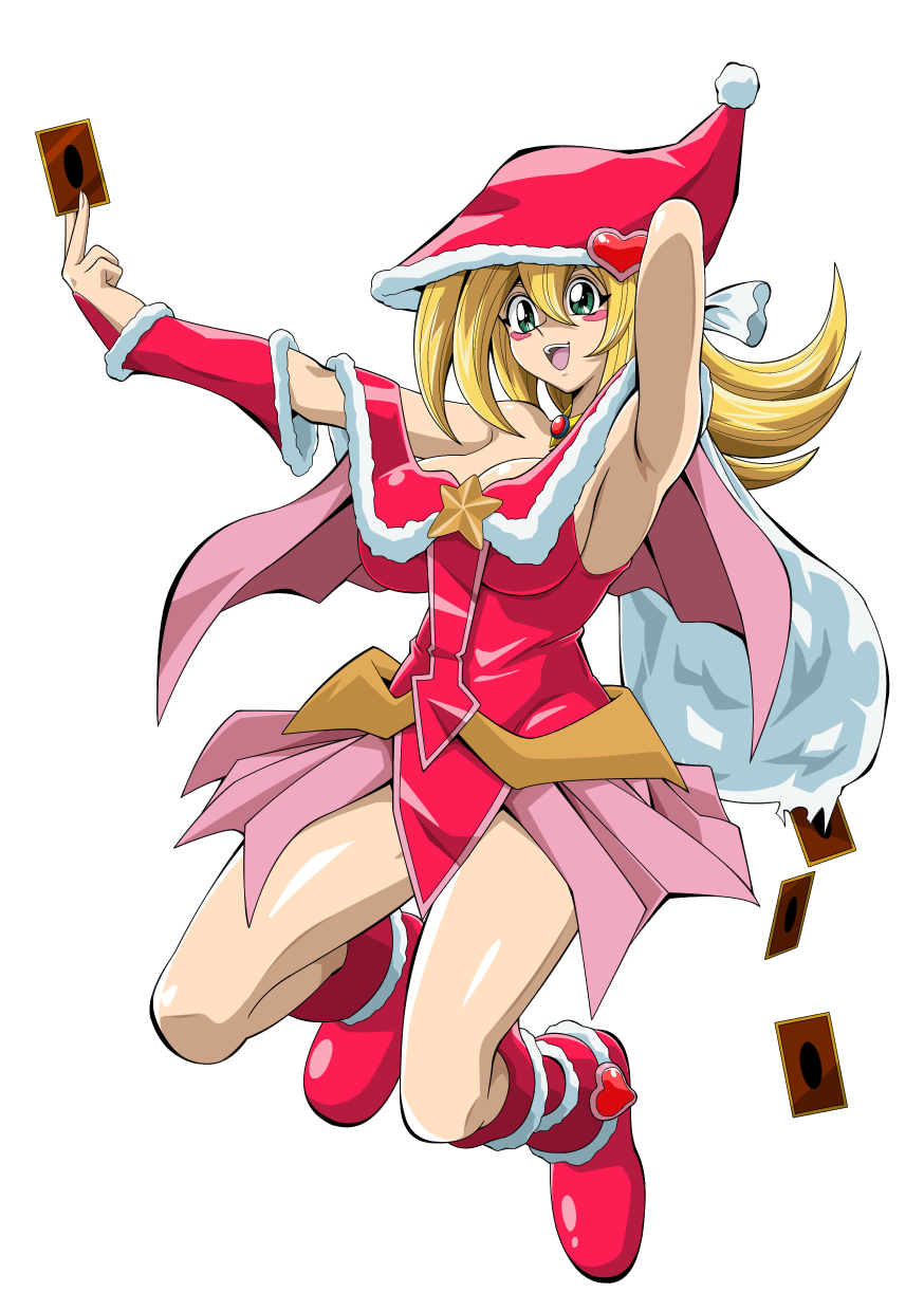 1girl adapted_costume armpits bag bare_shoulders blonde_hair blush_stickers boots breasts card dark_magician_girl full_body fur_trim green_eyes hair_between_eyes hat heart highres holding holding_bag holding_card long_hair open_mouth red_footwear red_headwear santa_hat sideboob simple_background smile solo straw_(yokubou_hiroba) white_background yu-gi-oh! yu-gi-oh!_duel_monsters