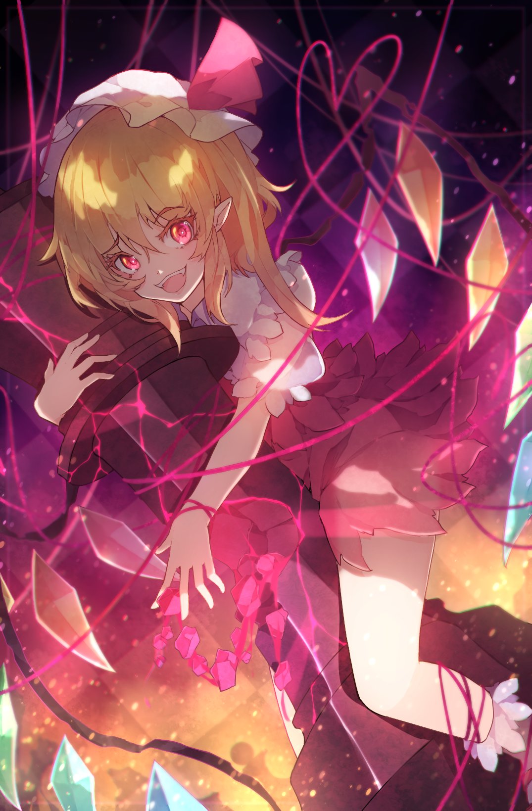 1girl :d bangs blonde_hair broken_pillar chiroru_(cheese-roll) commentary_request crystal eyebrows_visible_through_hair flandre_scarlet frilled_shirt_collar frills glowing glowing_eyes hat hat_ribbon heart heart_of_string highres looking_at_viewer mob_cap open_mouth pillar pointy_ears puffy_short_sleeves puffy_sleeves rainbow_order red_eyes red_ribbon ribbon short_sleeves side_ponytail smile solo string teeth thighs touhou upper_teeth vampire white_headwear wings