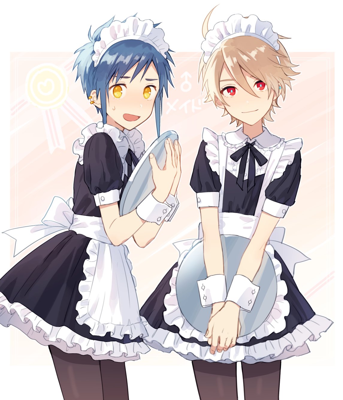 2boys apron bangs black_legwear black_neckwear blonde_hair blue_hair blush closed_eyes crossdressing dress ear_piercing frilled_dress frills hair_between_eyes heart highres holding holding_tray maid maid_day maid_headdress male_focus mars_symbol multiple_boys neck_ribbon open_mouth original pantyhose piercing pillow_(nutsfool) red_eyes ribbon short_sleeves sweat tray white_apron wrist_cuffs yellow_eyes