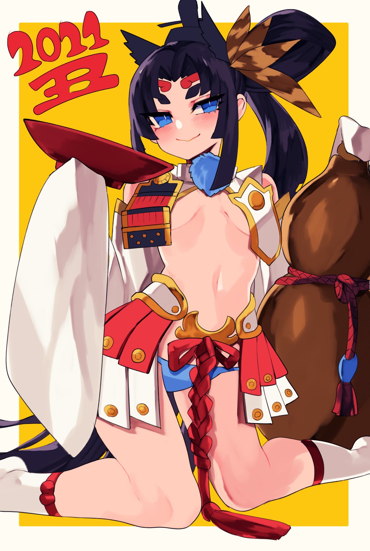 1girl armor black_hair blue_eyes blush breasts circlet cup eyeliner fate/grand_order fate_(series) gourd hacco_mayu hair_bun hair_ornament hat highres kneehighs long_hair looking_at_viewer makeup navel revealing_clothes sakazuki side_ponytail sleeves_past_wrists smile solo ushiwakamaru_(fate) very_long_hair white_legwear