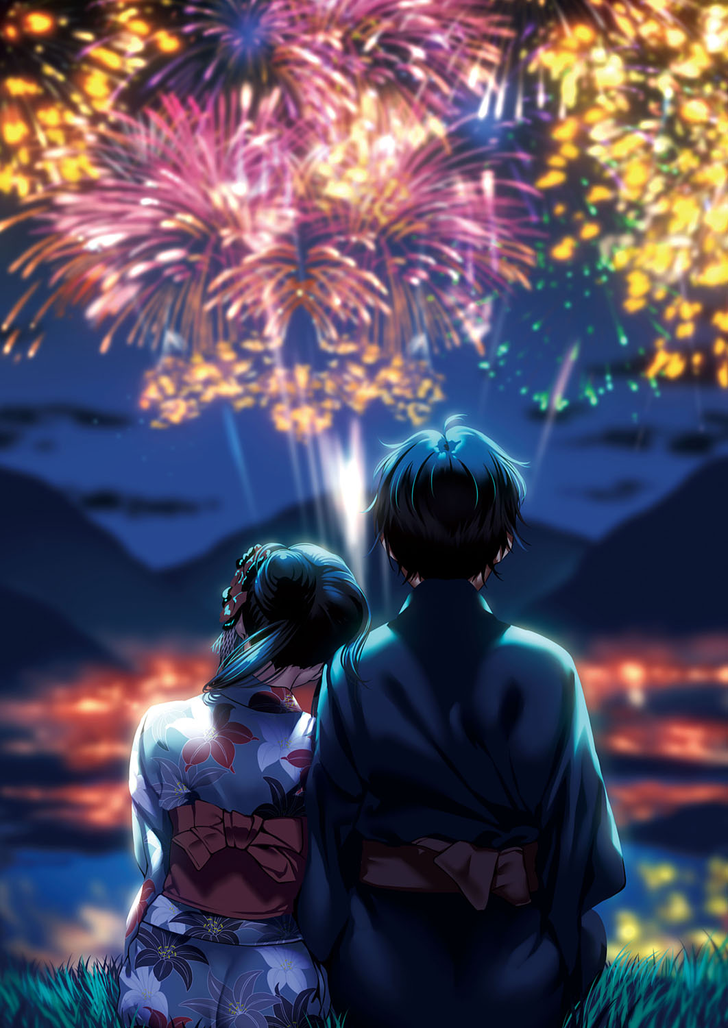 1boy 1girl aerial_fireworks black_hair blurry blurry_background character_request couple depth_of_field fireworks flower from_behind grey_kimono hair_bun hair_flower hair_ornament hanikami_kanojo head_on_another's_shoulder hetero highres japanese_clothes kimono obi outdoors piromizu red_sash sash summer_festival