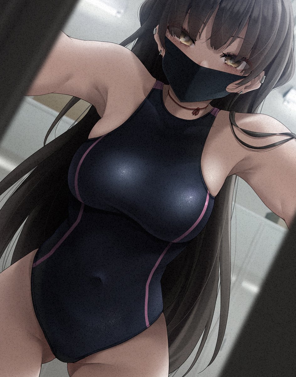 1girl ass_visible_through_thighs black_hair black_swimsuit breasts brown_eyes commentary_request competition_swimsuit covered_navel cowboy_shot highres large_breasts long_hair looking_at_viewer mask mouth_mask one-piece_swimsuit original ryouma_(galley) solo swimsuit two_side_up