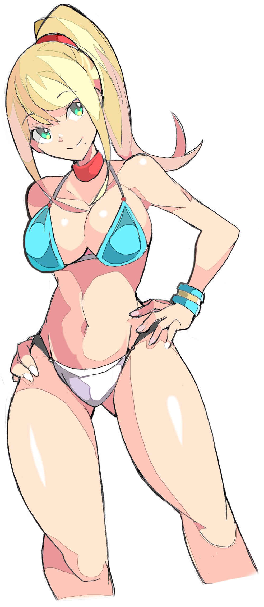 alternate_costume blonde_hair breasts enpe green_eyes highres medium_breasts medium_hair metroid mole mole_under_mouth ponytail samus_aran simple_background swimsuit white_background