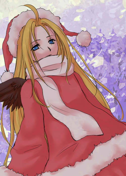 1boy ahat_(ragnarok_online) bangs black_wings blonde_hair blue_eyes closed_mouth commentary_request cowboy_shot dutch_angle eyebrows_visible_through_hair feathered_wings hat long_hair looking_at_viewer male_focus manoji purple_background ragnarok_online santa_costume santa_hat scarf solo white_scarf wings