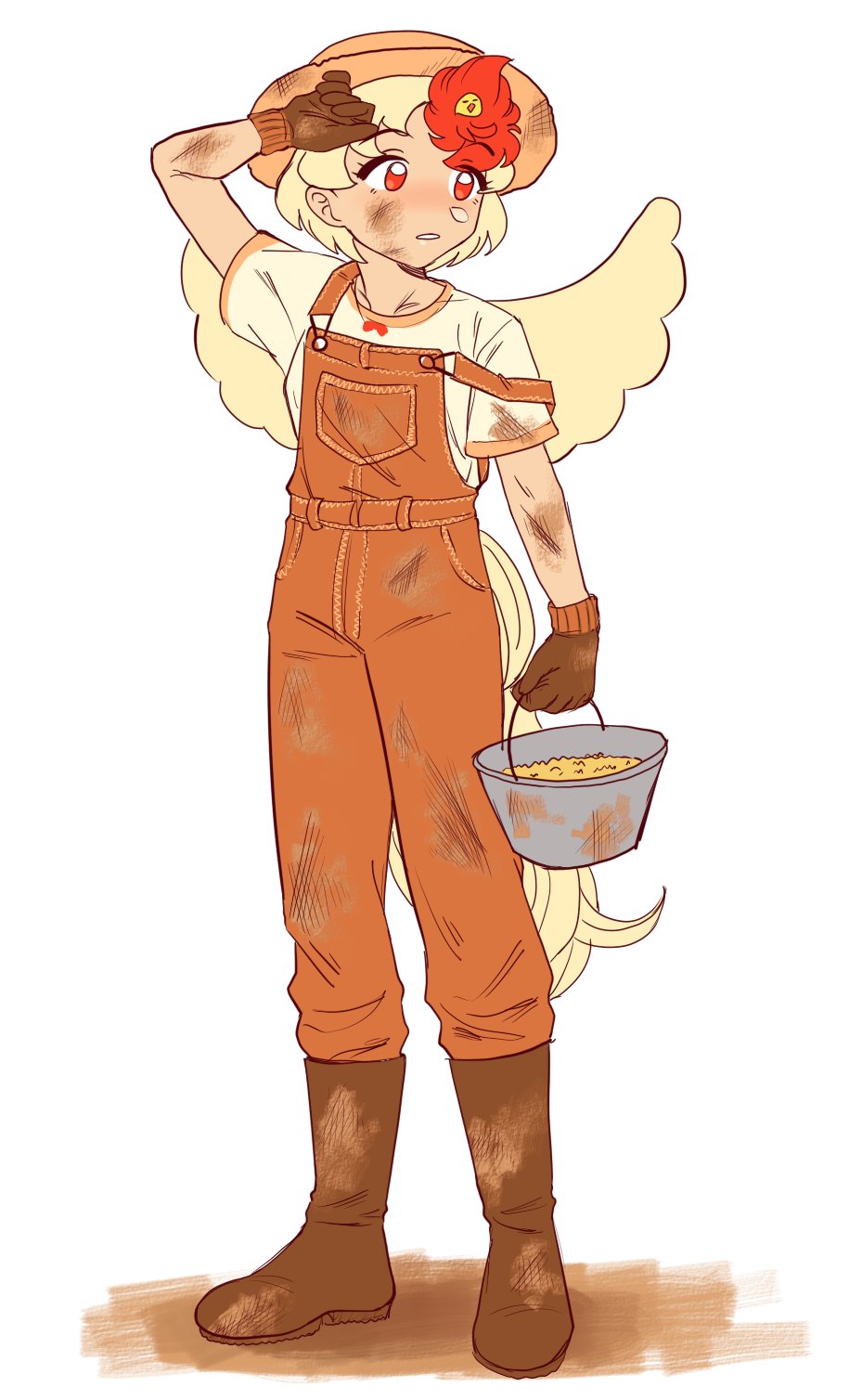 1girl animal_on_head bird bird_on_head bird_tail bird_wings blonde_hair boots brown_footwear bucket caramelized_tomatoes carrying chick chicken dirt dirty dirty_clothes feathered_wings highres niwatari_kutaka on_head orange_overalls overalls shirt simple_background solo t-shirt tail tail_feathers touhou white_background wings yellow_wings