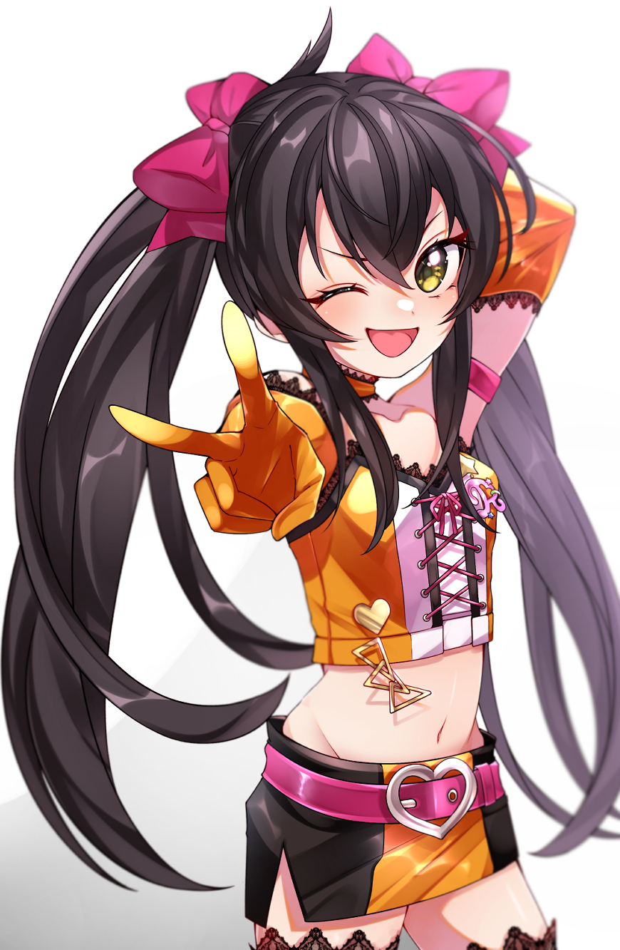 1girl armband bare_shoulders belt black_hair blush bow choker cowboy_shot crop_top cross-laced_clothes elbow_gloves eyebrows_visible_through_hair ggyoku gloves hair_bow heart heart_belt highres idolmaster idolmaster_cinderella_girls long_hair looking_at_viewer matoba_risa miniskirt navel one_eye_closed open_mouth pink_bow skirt smile solo strapless twintails v yellow_eyes